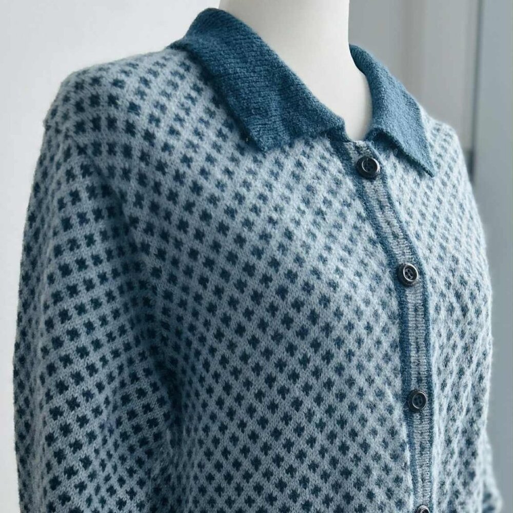 Vintage San Francisco Duck-Egg & Petrol Blue Pure Shetland Wool Cardigan - US L